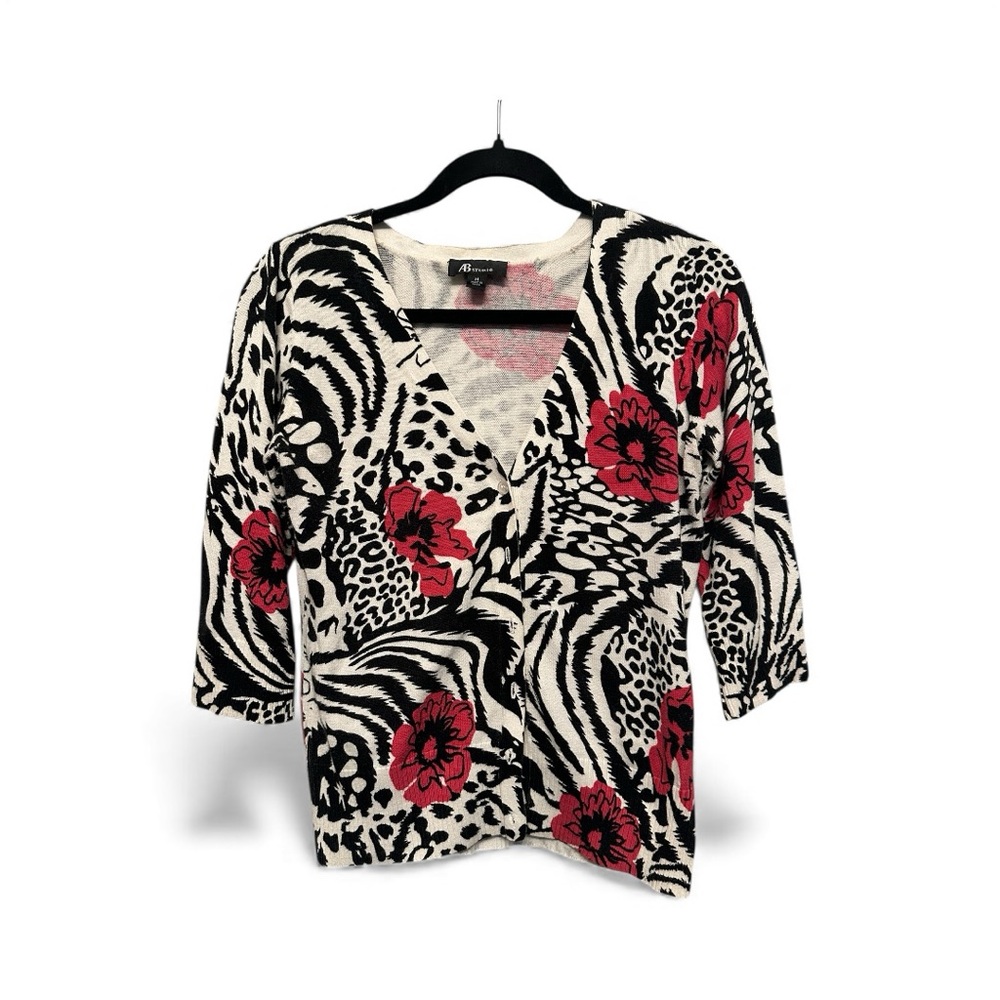 AB Studio Pink and Animal Print Knit Button Down Cardigan Size Medium